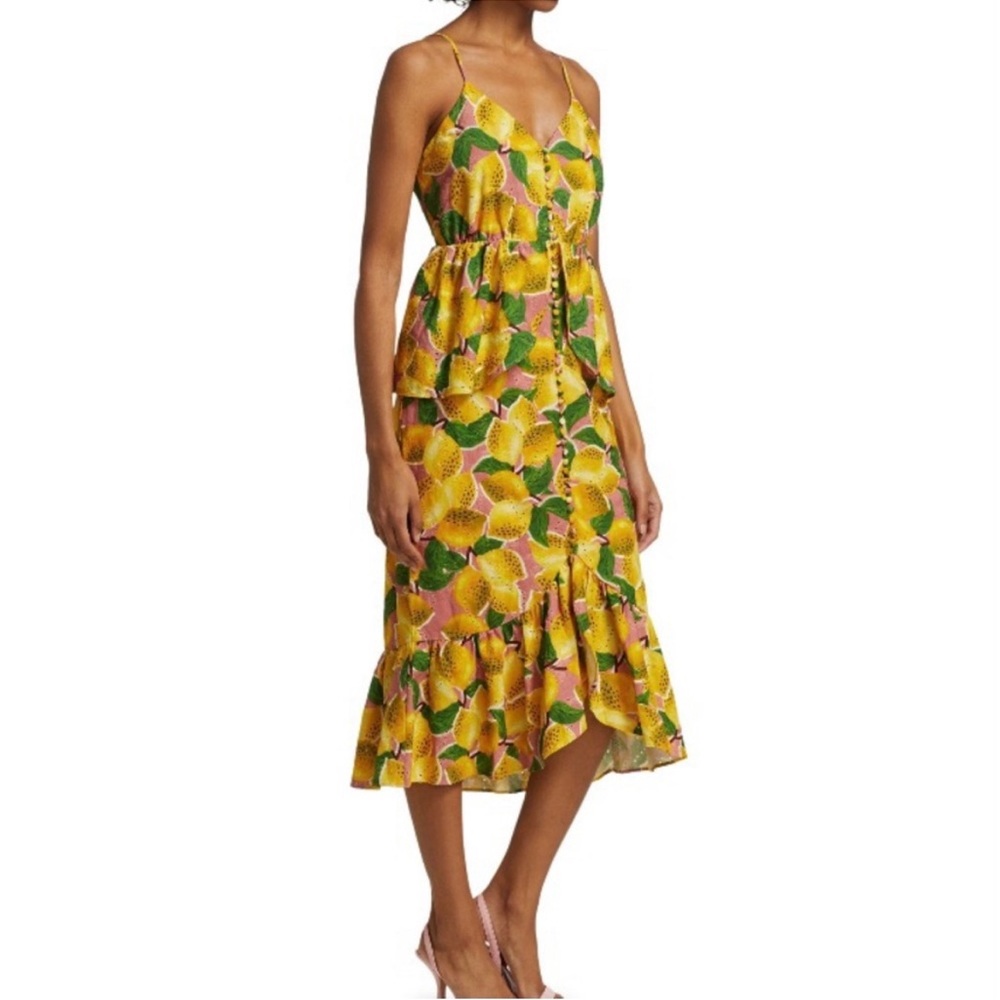 FARM Rio Yellow Lemon-Print Spaghetti-Strap Midi Dress